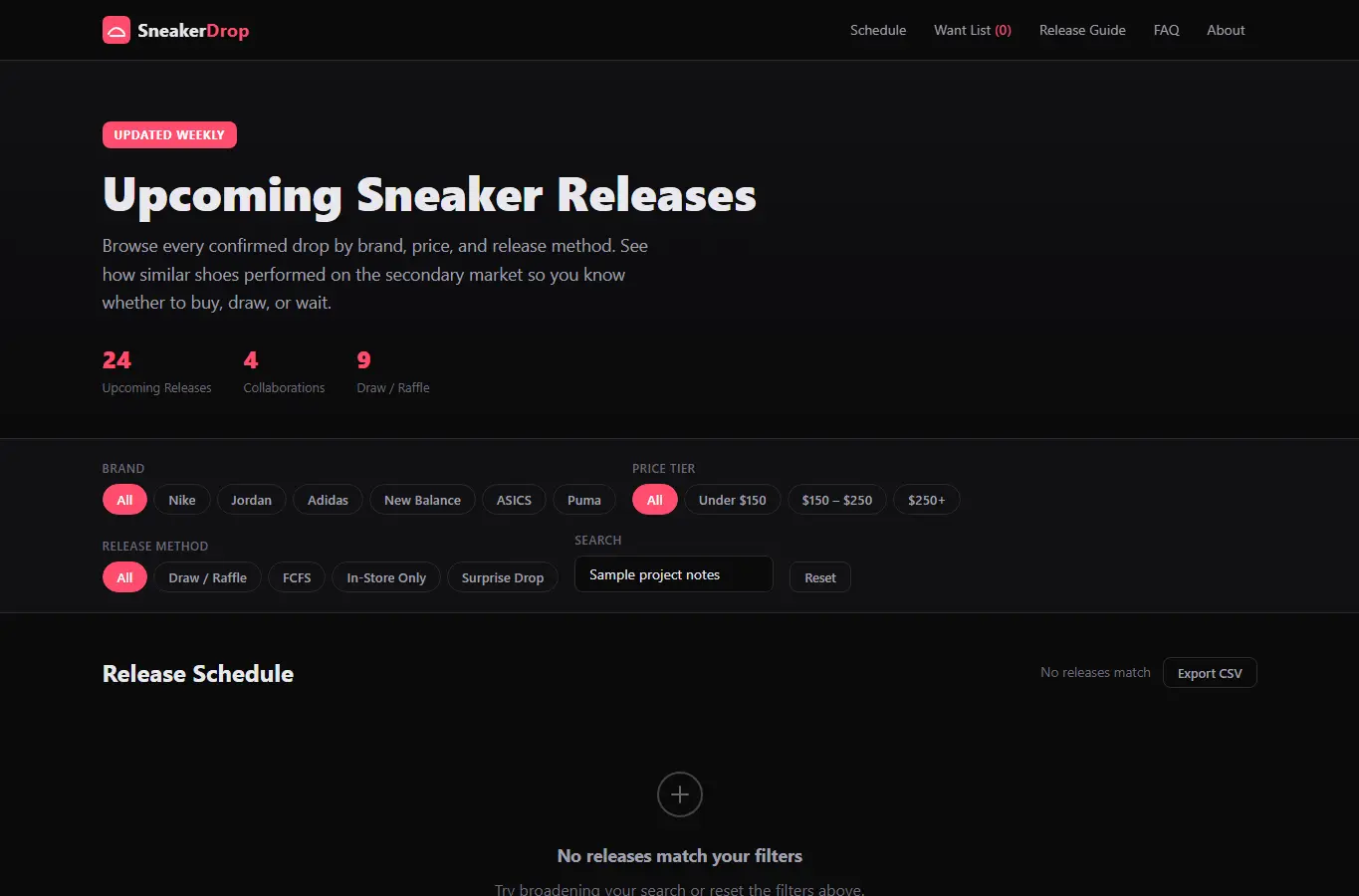 Screenshot of Sneaker Release Schedule Browser interface showing the project page in use